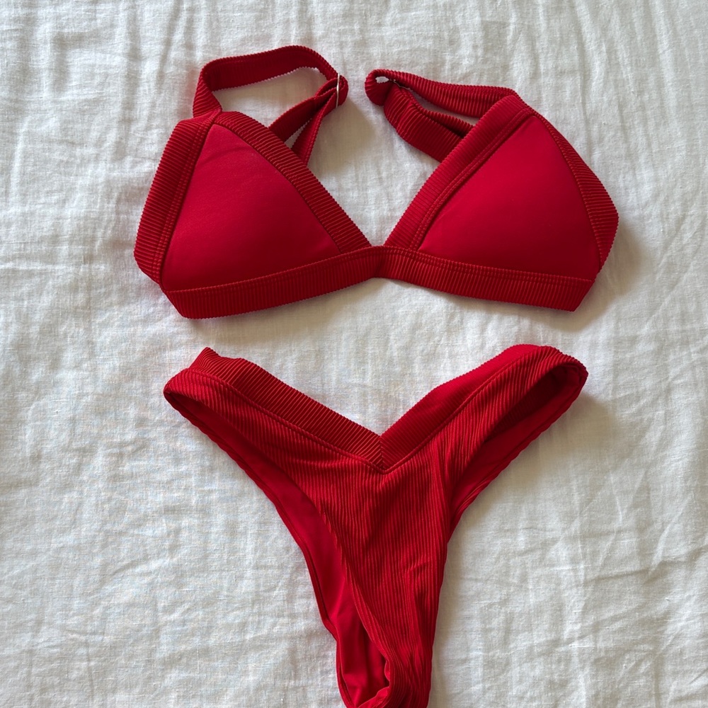 Red Ribbed Triangle Bikini Set - Women's Swim